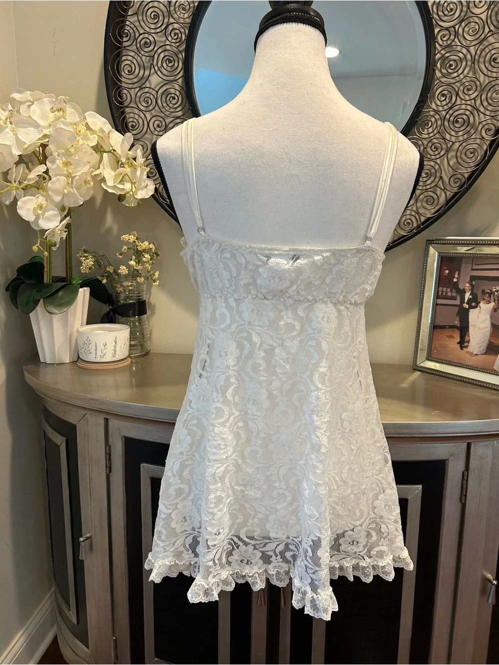 Delicate Lace Chemise Slip in Ivory with Ribbon Tie